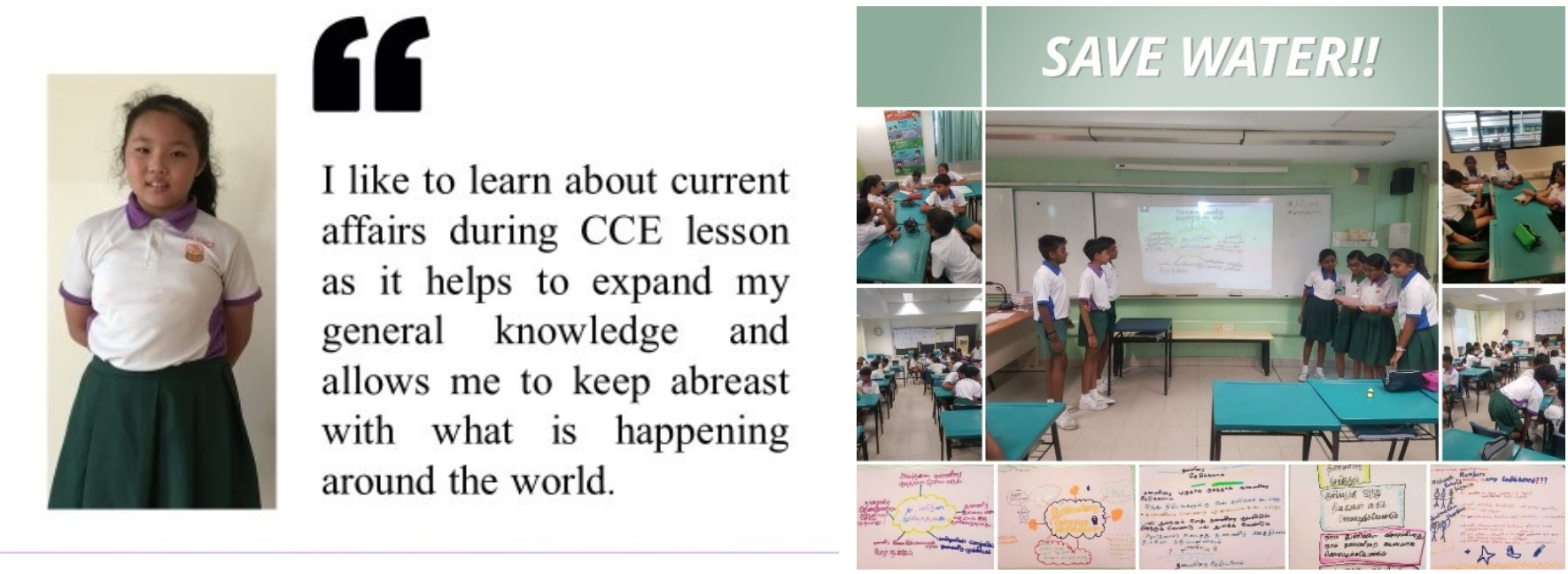 A girl in school uniform with a quote about CCE lessons, beside classroom photos of a Save Water lesson.